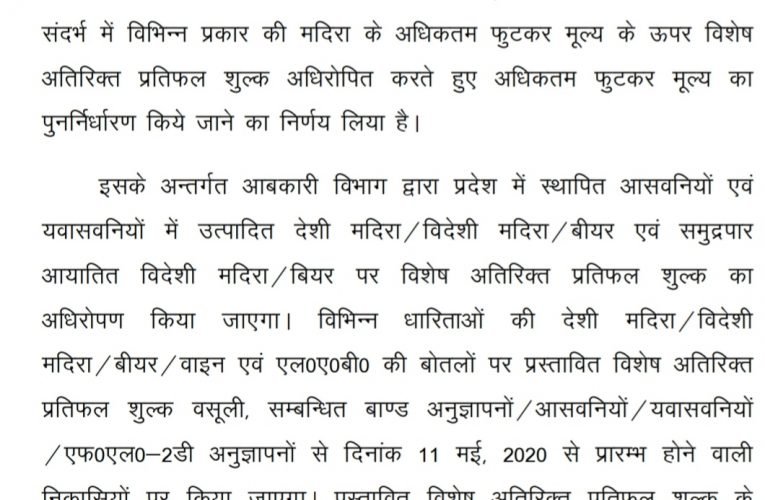 उत्तर प्रदेश सरकार ने शराब पर विशेष शुल्क बढ़ाया